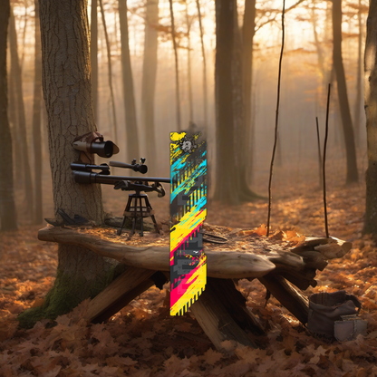 Comic Pop Arrow Wrap on a wooden treestand overlooking a misty, dawn-lit hardwood forest. | titlex-scene-whitetail-treestand