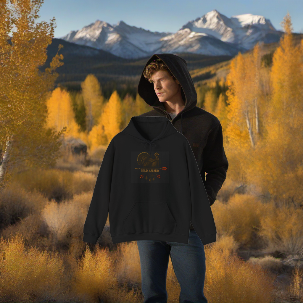 Black Turkey Archery Swag on weathered wood, set against golden aspens and distant mountains at sunset. | titlex-scene-western-elk