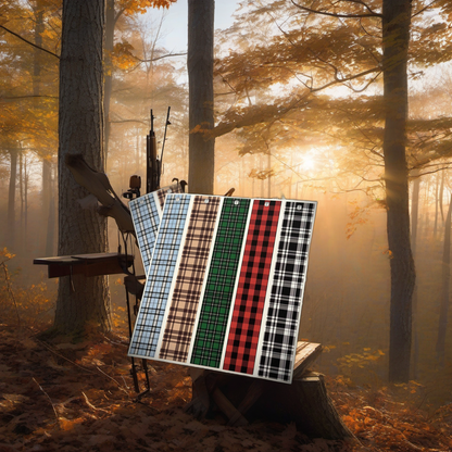 Plaid Arrow Wraps on a worn treestand overlooking a misty, dawn-lit hardwood forest ridge. | titlex-scene-whitetail-treestand