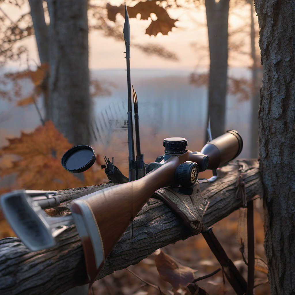 Showdown Arrow Wraps on a wooden treestand overlooking a misty Midwest dawn forest. | titlex-scene-whitetail-treestand