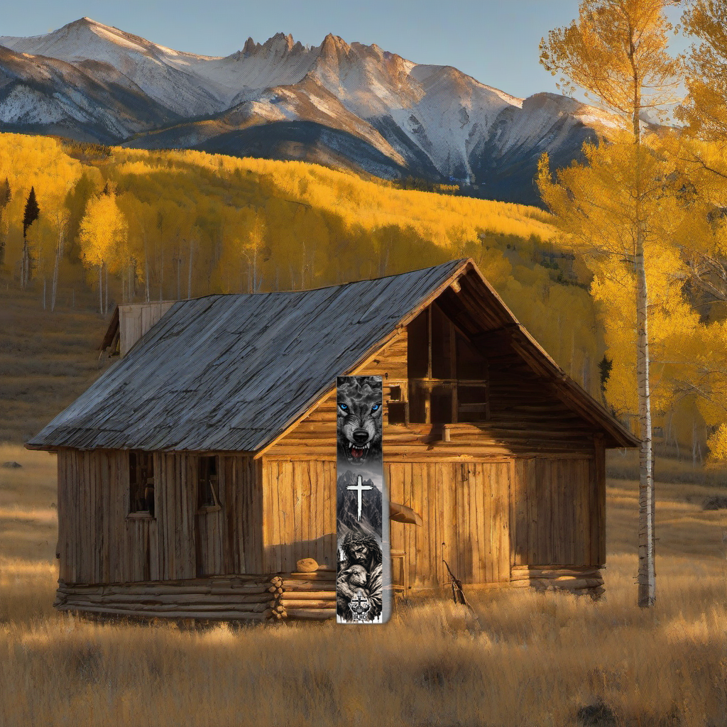 Product 1 & 99 on weathered wood in a golden aspen, mountain sunset elk hunting scene. | titlex-scene-western-elk