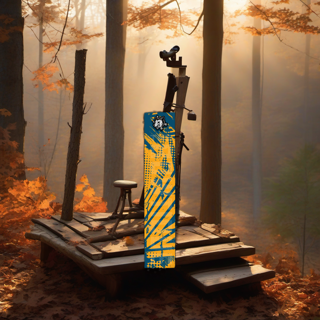 Comic Pop Arrow Wrap on a rustic treestand overlooking a misty Midwest hardwood forest at dawn. | titlex-scene-whitetail-treestand