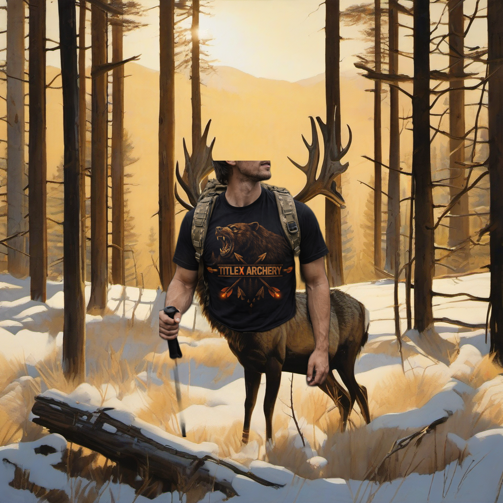 Red Grizzly Trad rifle on weathered wood, framed by golden aspens and sunset mountains. | titlex-scene-western-elk