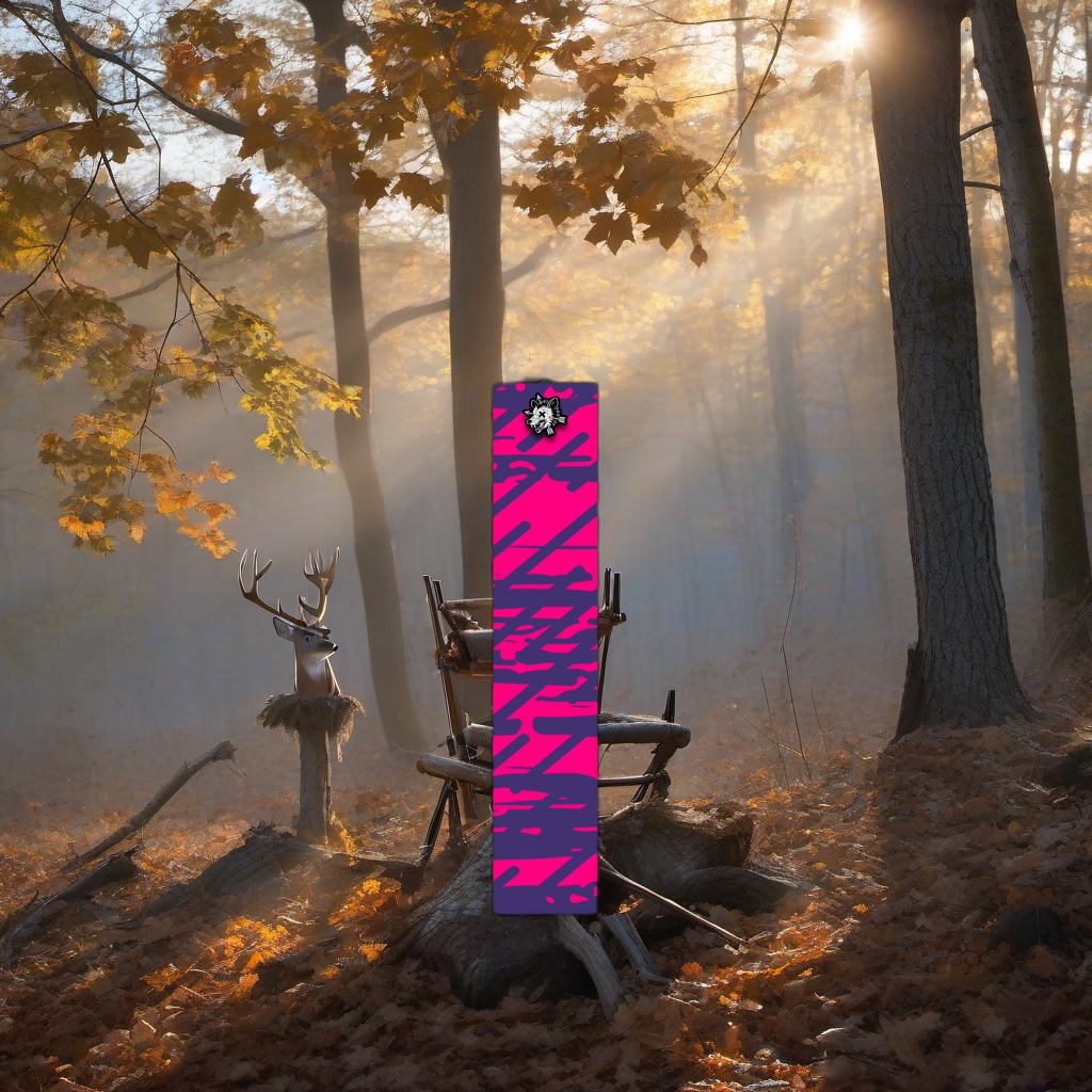 Comic Pop Arrow Wrap on a wooden treestand overlooking a misty, dawn-lit hardwood forest ridge. | titlex-scene-whitetail-treestand