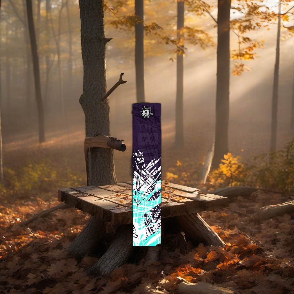 Comic Pop Arrow Wrap on a wooden treestand overlooking a misty, dawn-lit hardwood forest ridge. | titlex-scene-whitetail-treestand