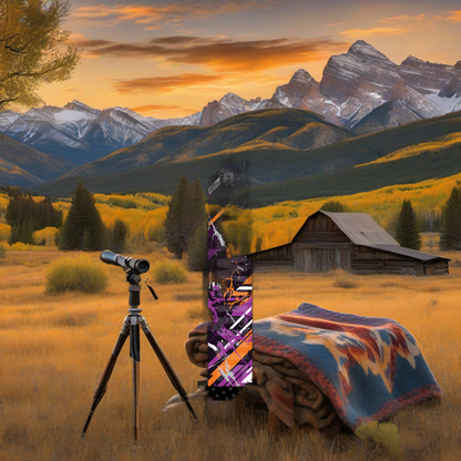 Comic Pop Arrow Wrap on weathered wood, set against a golden aspen backdrop at sunset. | titlex-scene-western-elk
