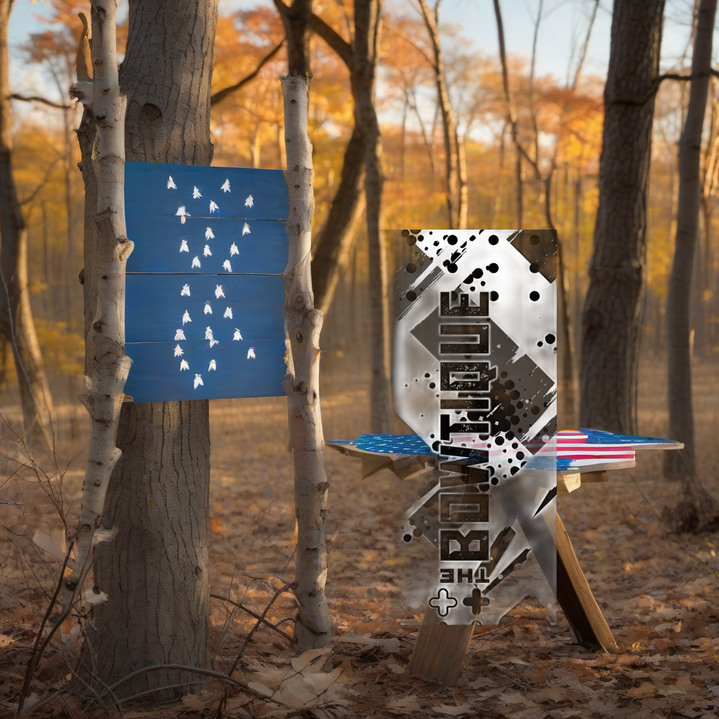 We The People" arrow wraps on a wooden treestand overlooking a misty Midwest dawn forest. | titlex-scene-whitetail-treestand