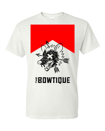 White short-sleeve t-shirt with a graphic featuring a smoking skull and red block design. | titlex-cutout