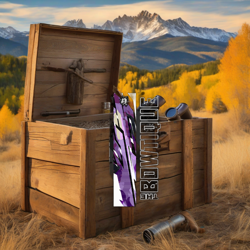 Comic Pop Arrow Wrap on weathered wood, set against golden aspens and distant mountains at sunset. | titlex-scene-western-elk