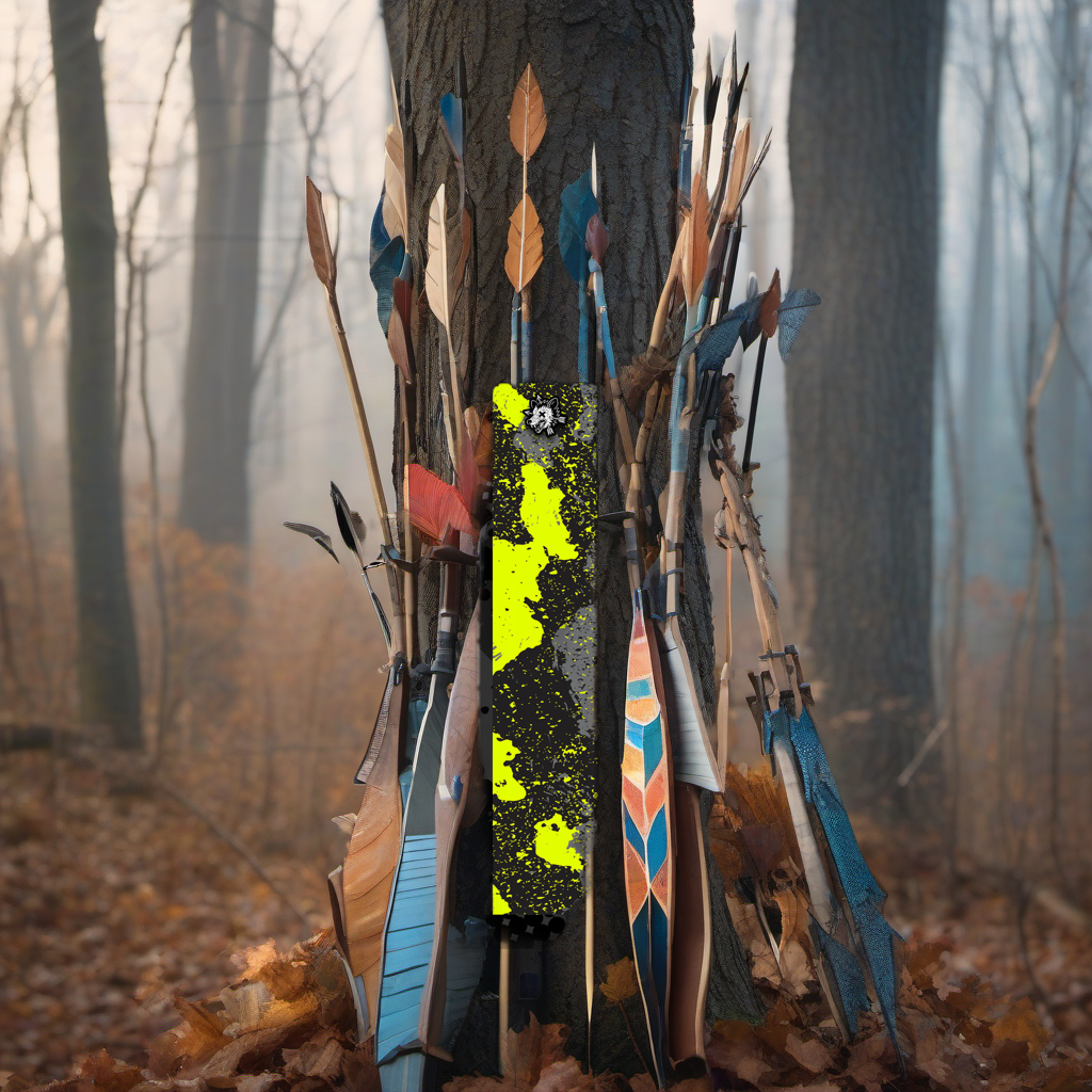 Comic Pop Arrow Wrap on a wooden treestand overlooking a misty Midwest dawn forest. | titlex-scene-whitetail-treestand