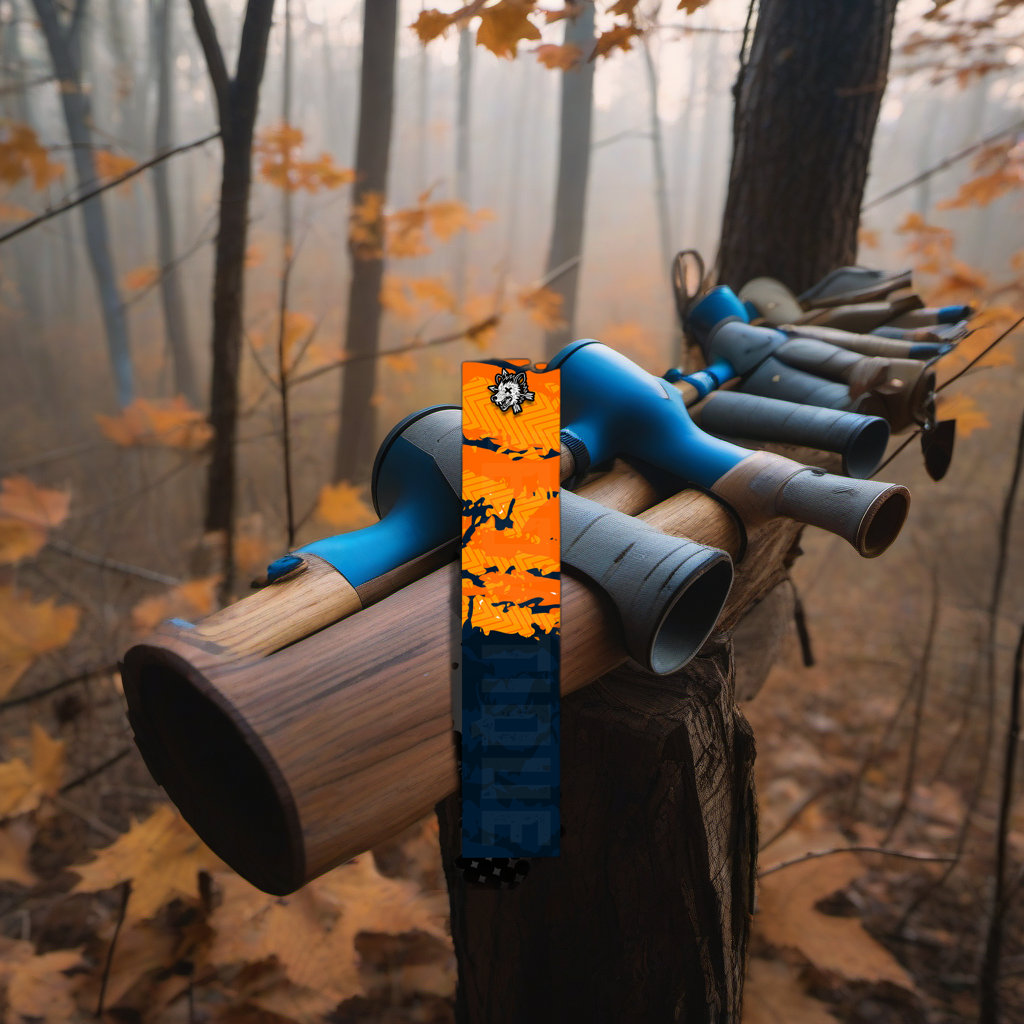 Comic Pop Arrow Wrap on a wooden treestand overlooking a misty Midwest hardwood forest at dawn. | titlex-scene-whitetail-treestand