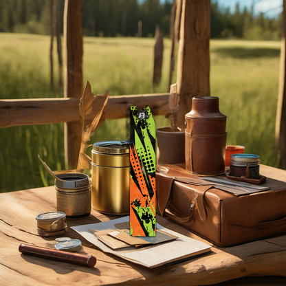 Comic Pop Arrow Wrap on rustic table at golden hour camp scene, perfect Father's Day gift. | titlex-scene-fathers-day