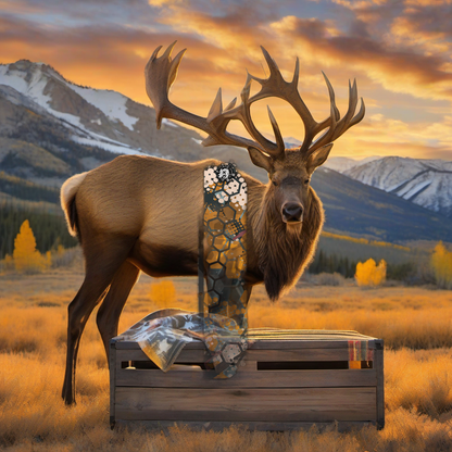 Comic Pop Arrow Wrap on weathered wood in a golden aspen mountain sunset, evoking an elk hunting feel. | titlex-scene-western-elk