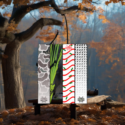 Arrow wraps on a wooden treestand overlooking a misty hardwood forest at dawn. | titlex-scene-whitetail-treestand