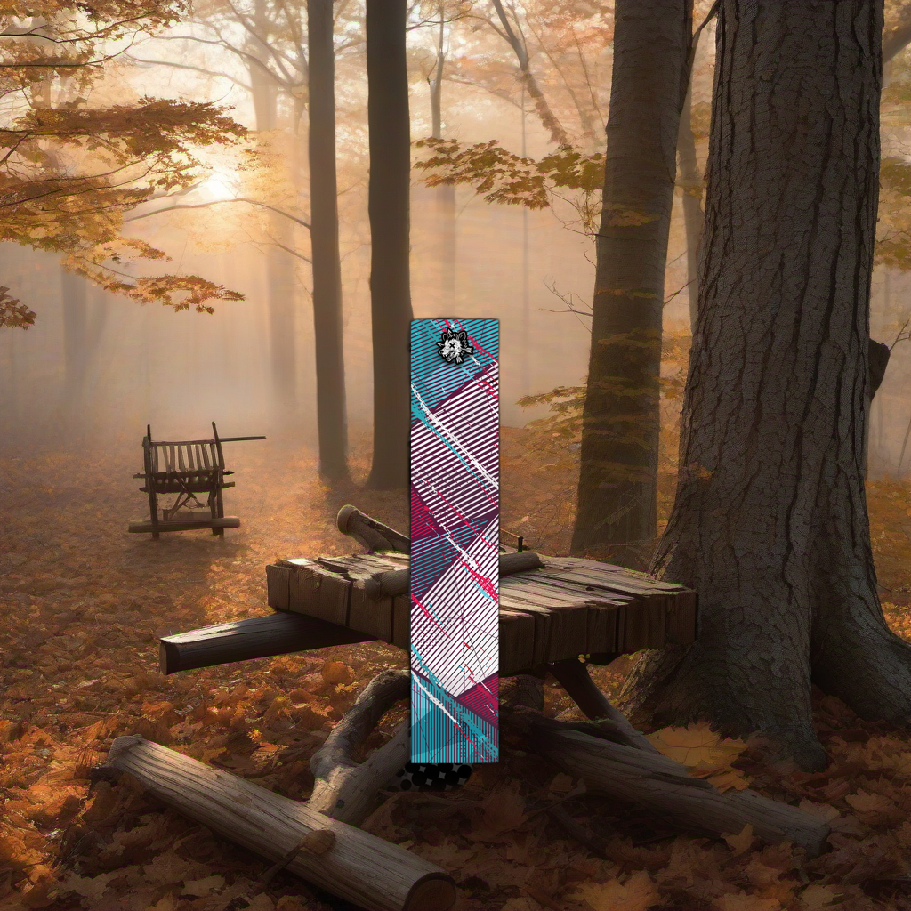 Comic Pop Arrow Wrap on a wooden treestand overlooking a misty, dawn-lit hardwood forest. | titlex-scene-whitetail-treestand