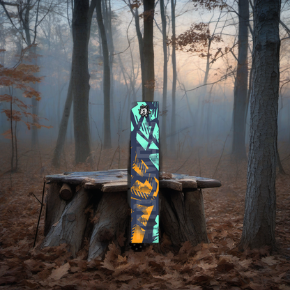 Comic Pop Arrow Wrap on a wooden treestand overlooking a misty, hardwood forest dawn. | titlex-scene-whitetail-treestand