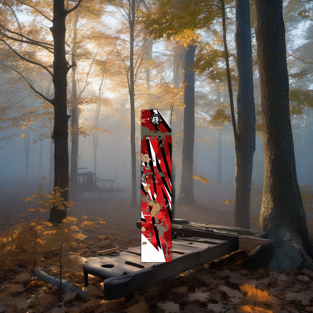 Comic Pop Arrow Wrap on a wooden treestand overlooking a misty, dawn hardwood timber ridge. | titlex-scene-whitetail-treestand