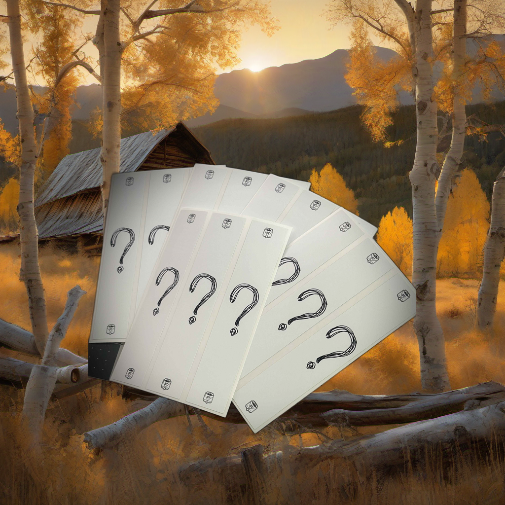 Mystery Pack arrow wraps on weathered wood, set against a golden aspen and mountain sunset backdrop. | titlex-scene-western-elk