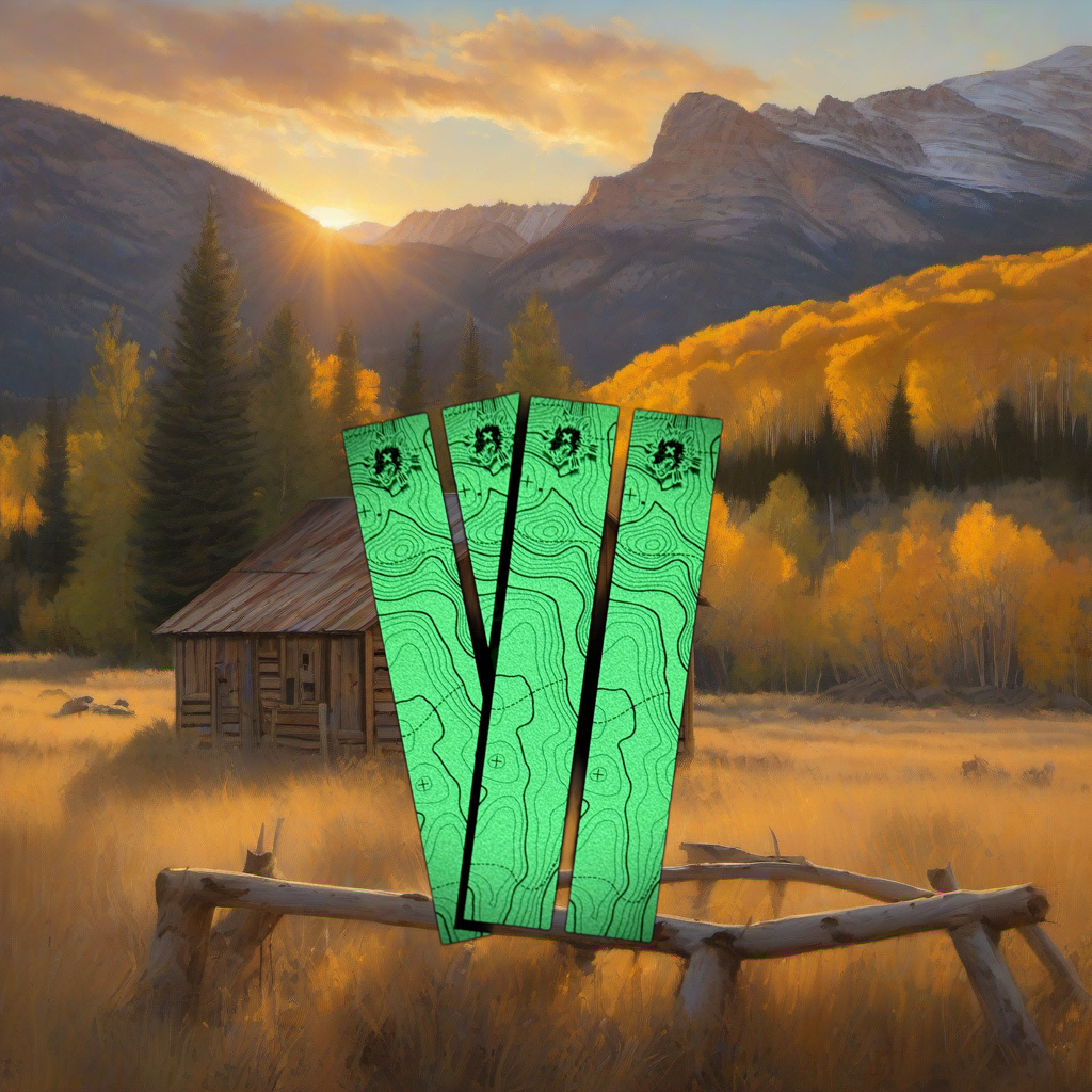Glow-in-the-dark arrow wraps on weathered wood, set against a golden aspen sunset in a high-country elk hunting scene. | titlex-scene-western-elk
