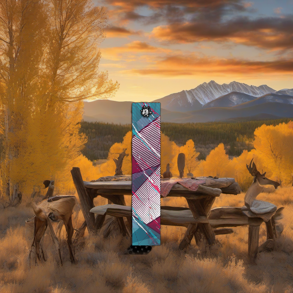Comic Pop Arrow Wrap on weathered wood, set against golden aspens and distant mountains at sunset. | titlex-scene-western-elk