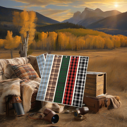 Plaid Arrow Wraps on weathered wood in a golden aspen-lit mountain hunting scene. | titlex-scene-western-elk