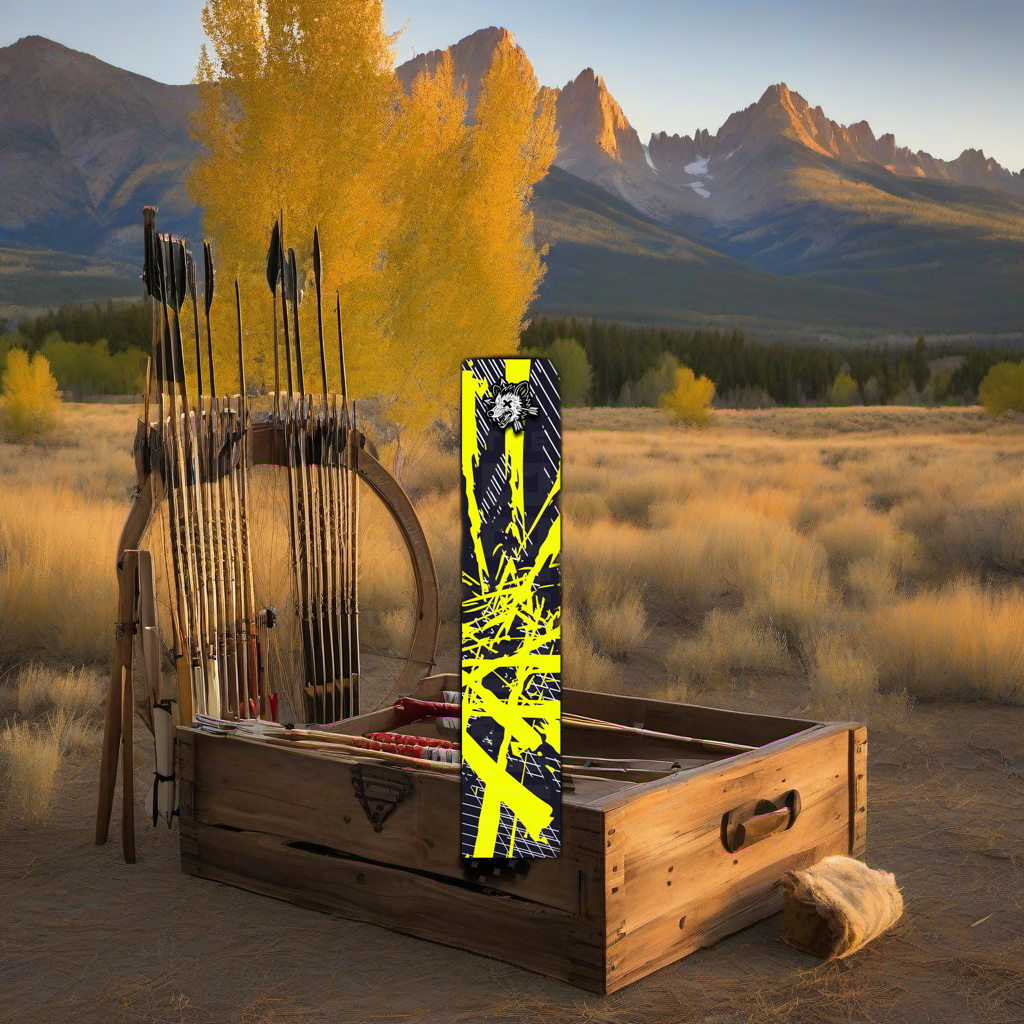 Comic Pop Arrow Wrap on weathered wood, evoking a golden aspen elk hunting scene at sunset. | titlex-scene-western-elk