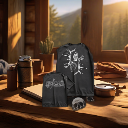 ElkShape t-shirts on rustic wood table, perfect Father's Day gift in golden hour camp setting. | titlex-scene-fathers-day