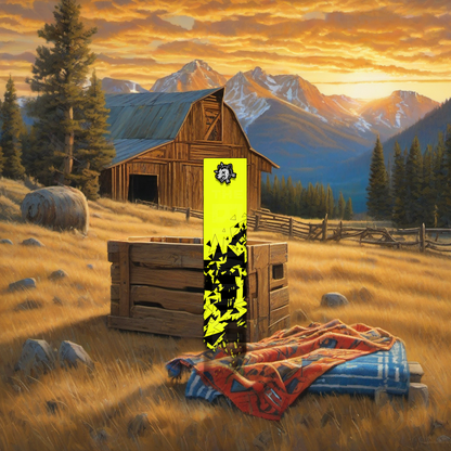 Comic Pop Arrow Wrap on weathered wood, set against golden aspens and distant mountains at sunset. | titlex-scene-western-elk