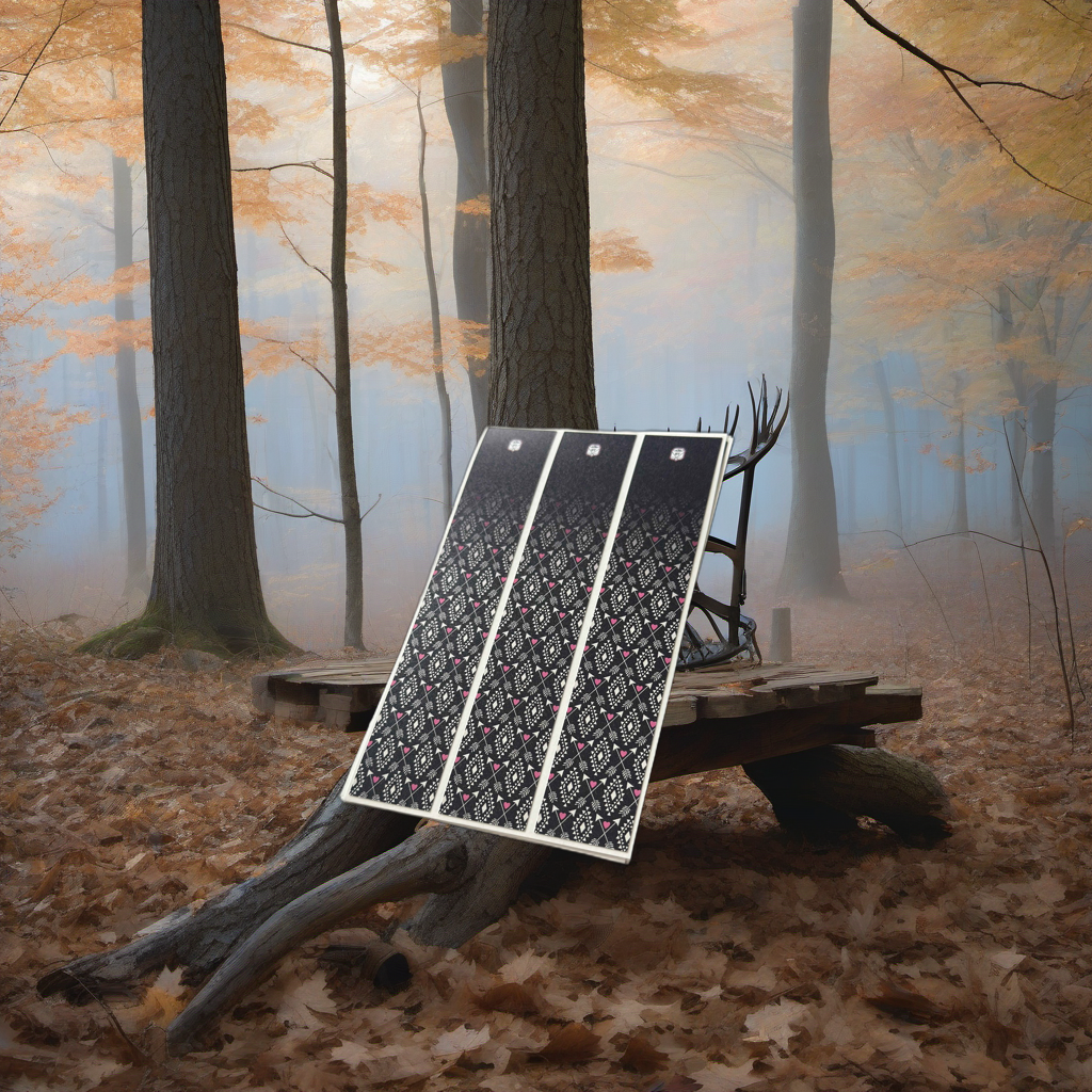 Western Pattern 3 Arrow Wraps on a wooden treestand overlooking a misty hardwood forest at dawn. | titlex-scene-whitetail-treestand
