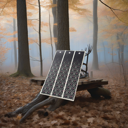 Western Pattern 3 Arrow Wraps on a wooden treestand overlooking a misty hardwood forest at dawn. | titlex-scene-whitetail-treestand