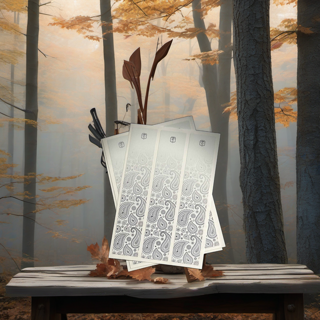Bandana Fade Arrow Wraps on a wooden treestand overlooking a misty, dawn-lit hardwood timber ridge. | titlex-scene-whitetail-treestand