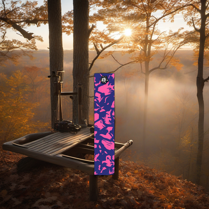 Comic Pop Arrow Wrap on a wooden treestand overlooking a misty, autumn hardwood forest dawn. | titlex-scene-whitetail-treestand