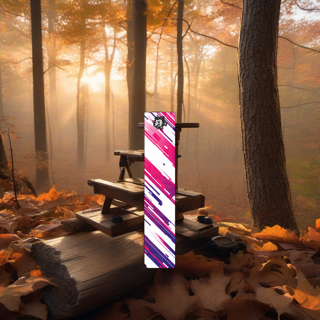 Comic Pop Arrow Wrap on a wooden treestand overlooking a misty Midwest hardwood forest at dawn. | titlex-scene-whitetail-treestand