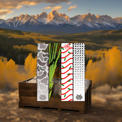Arrow wraps displayed on weathered wood in a golden aspen-lit, high-country elk hunting scene. | titlex-scene-western-elk
