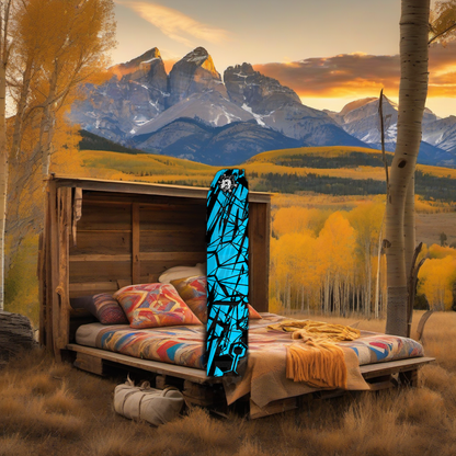 Comic Pop Arrow Wrap on weathered wood in a golden aspen sunset, evoking a western elk hunting feel. | titlex-scene-western-elk