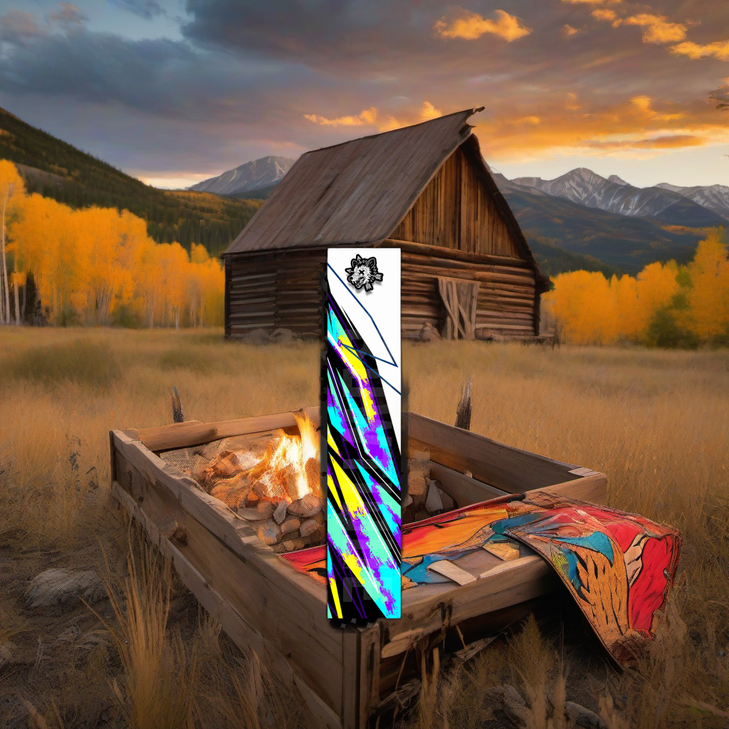 Comic Pop Arrow Wrap on weathered wood in a golden aspen mountain sunset, evoking a high-country hunt feel. | titlex-scene-western-elk