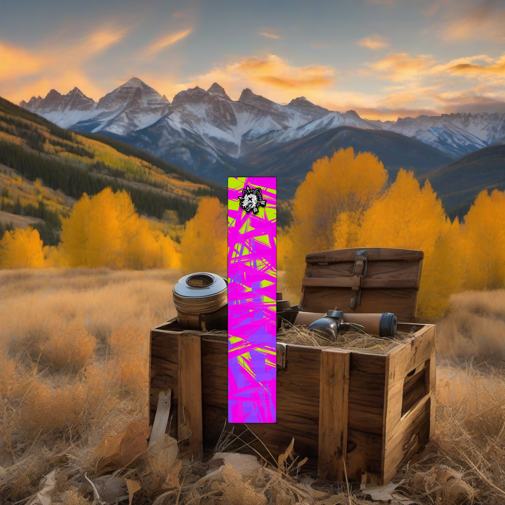 Comic Pop Arrow Wrap on weathered wood in a golden aspen sunset, evoking a high-country elk hunt feel. | titlex-scene-western-elk
