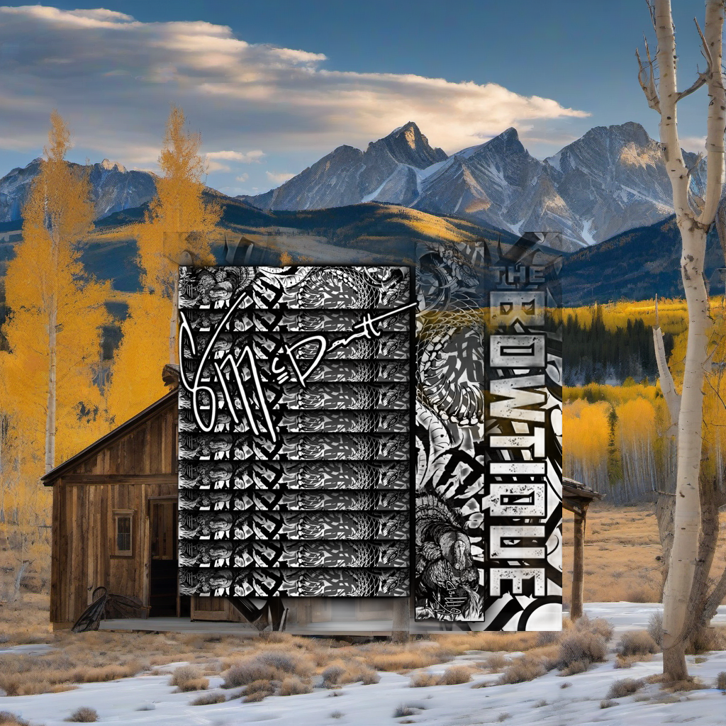 McDermott x Bowtique arrow wraps on weathered wood, set against golden aspens and sunset mountains. | titlex-scene-western-elk