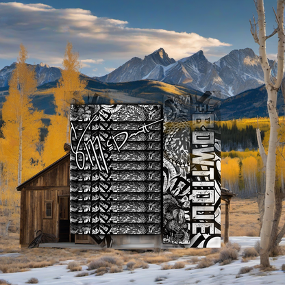 McDermott x Bowtique arrow wraps on weathered wood, set against golden aspens and sunset mountains. | titlex-scene-western-elk