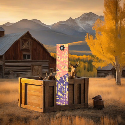 Comic Pop Arrow Wrap on weathered wood, set against golden aspens and mountains at sunset. | titlex-scene-western-elk