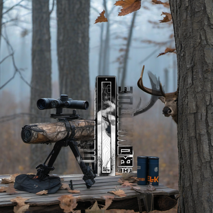 Arrow wraps on worn wood treestand overlooking misty hardwood timber at dawn. | titlex-scene-whitetail-treestand
