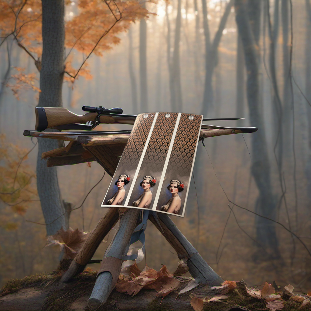 Flipper Arrow Wraps on a wooden treestand overlooking a misty, dawn-lit hardwood hunting ridge. | titlex-scene-whitetail-treestand