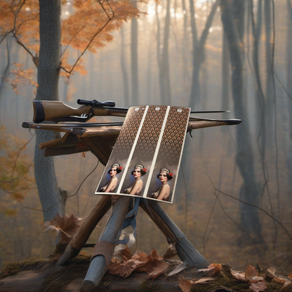 Flipper Arrow Wraps on a wooden treestand overlooking a misty, dawn-lit hardwood hunting ridge. | titlex-scene-whitetail-treestand