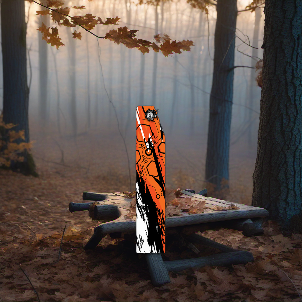 Comic Pop Arrow Wrap on a wooden treestand overlooking a misty Midwest hardwood forest at dawn. | titlex-scene-whitetail-treestand