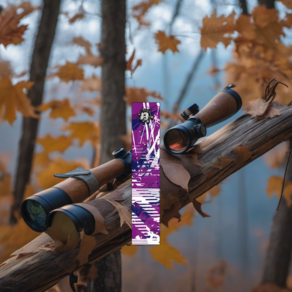 Comic Pop Arrow Wrap on a weathered treestand overlooking a misty Midwest forest dawn. | titlex-scene-whitetail-treestand