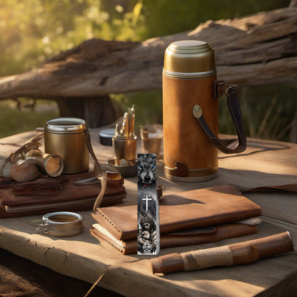 Stylish 1 & 99 product on rustic wood at golden hour camp setting. | titlex-scene-fathers-day