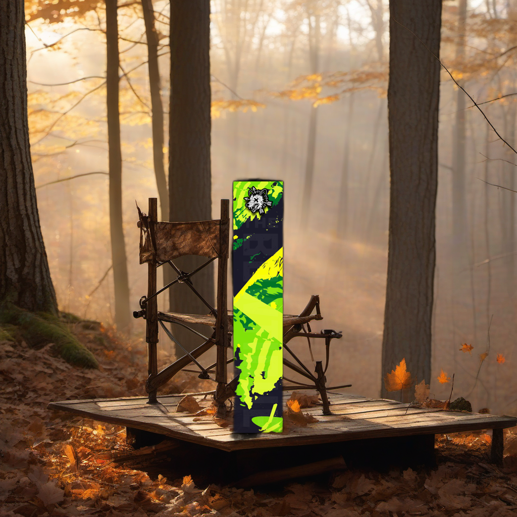 Comic Pop Arrow Wrap on a wooden treestand overlooking a misty Midwest dawn forest. | titlex-scene-whitetail-treestand