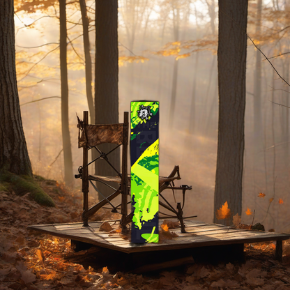 Comic Pop Arrow Wrap on a wooden treestand overlooking a misty Midwest dawn forest. | titlex-scene-whitetail-treestand