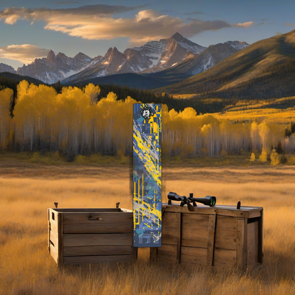 Comic Pop Arrow Wrap on weathered wood in a golden aspen-lit mountain hunting scene. | titlex-scene-western-elk