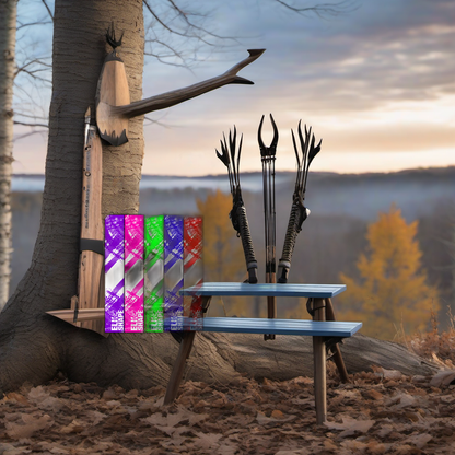 Arrow wraps on a rustic treestand overlooking a misty hardwood forest at dawn. | titlex-scene-whitetail-treestand